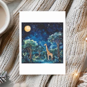 Set di cartoline ad acquerello Giraffe Night, 10 confezioni di biglietti d'auguri artistici Giraffe, biglietti ispirati alla natura Full Moon Safari, biglietti di Natale unici