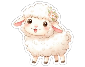 May include: A white fluffy lamb with a pink nose and tongue sticking out. The lamb has a flower crown with pink and white flowers.