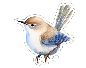 Leuke vinylsticker vogel, sticker blauwe en bruine vogel, sticker aquarel vogel kunst, sticker laptop en bidon, cadeau vogelliefhebber