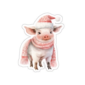 Sticker schattig varken met kerstmuts en sjaal, aquarelvinyl, glanzend, laptopstickers, milieuvriendelijk decor, 2 tot 6 inch