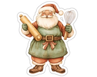 Può includere: Un allegro Babbo Natale con un grembiule verde e un cappello rosso, che tiene un mattarello e una frusta. Ha una barba bianca e un sorriso amichevole.