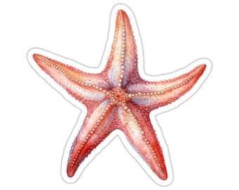 Puede incluir: Una pintura de acuarela de una estrella de mar rosa y naranja con puntos blancos. La estrella de mar está aislada sobre un fondo blanco.