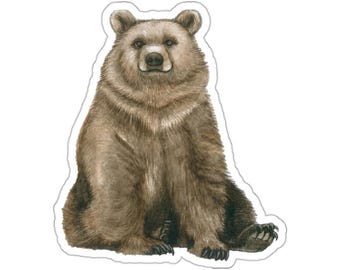 Pegatina de oso pardo en acuarela, calcomanía de arte de la vida silvestre