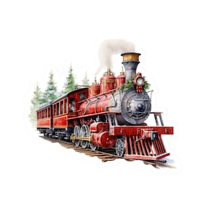 Vintage Christmas Train Sticker, Red Steam Engine Locomotive Vinyl Decal, Festive Holiday Art, Winter Train Sticker, Railfan Gift