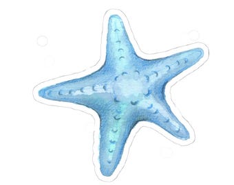 Sticker blauwe zeester, sticker aquarel kunst, cadeau oceaanliefhebber, leuke stickers