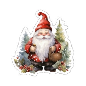 Pegatina de gnomo navideño de acuarela, calcomanía de vinilo festiva para computadora portátil, botella de agua, automóvil, regalo para amantes de los gnomos, decoración de invierno