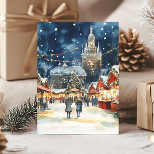 Paquete de 10 postales de mercado navideño, tarjetas de felicitación navideñas, tarjetas festivas navideñas, juego de 10 tarjetas navideñas ecológicas, diseño único