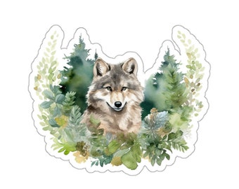 Wolf Forest Vinyl Sticker, Watercolor Art, Eco-Friendly, Glossy Decal for Laptop, Water Bottle, Gift for Nature Lovers