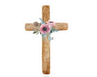 Christian Cross Sticker, Floral Cross Decal, Faith Sticker, Religious Sticker, Rustic Cross Decor, Easter Gift, Baptism Present