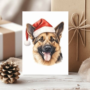 Paquete de 10 tarjetas navideñas de pastor alemán, postales navideñas ecológicas con perro con gorro de Papá Noel y sobres, 3 tamaños disponibles