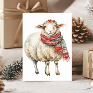 Lot de 10 cartes de Noël mouton mignon, adorable papeterie des Fêtes, lot de 10, respectueux de l'environnement, oeuvre d'art à l'aquarelle, cartes de vœux des animaux de la ferme