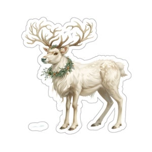 Adesivo in vinile con renna bianca, decalcomania con animali ad acquerello, grazioso decoro natalizio, adesivi impermeabili per laptop, idea regalo per le feste