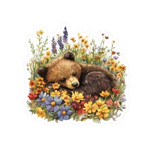 Cute Sleeping Bear Sticker, Floral Bear Decal, Cute Animal Vinyl Sticker, Water Bottle Stickers, Laptop Decal, Nature Gift