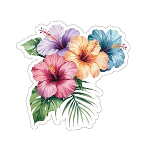 Colorful Tropical Hibiscus Flowers Sticker, Hawaii Beach Aloha Waterproof Vinyl Sticker For Laptop Water Bottle Phone Car Window Decal Gift