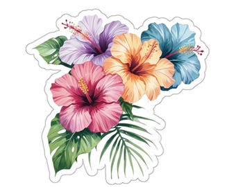 Kleurrijke tropische hibiscus bloemen sticker, Hawaii Beach Aloha waterdichte vinyl sticker voor laptop bidon telefoon autoraamstickers cadeau