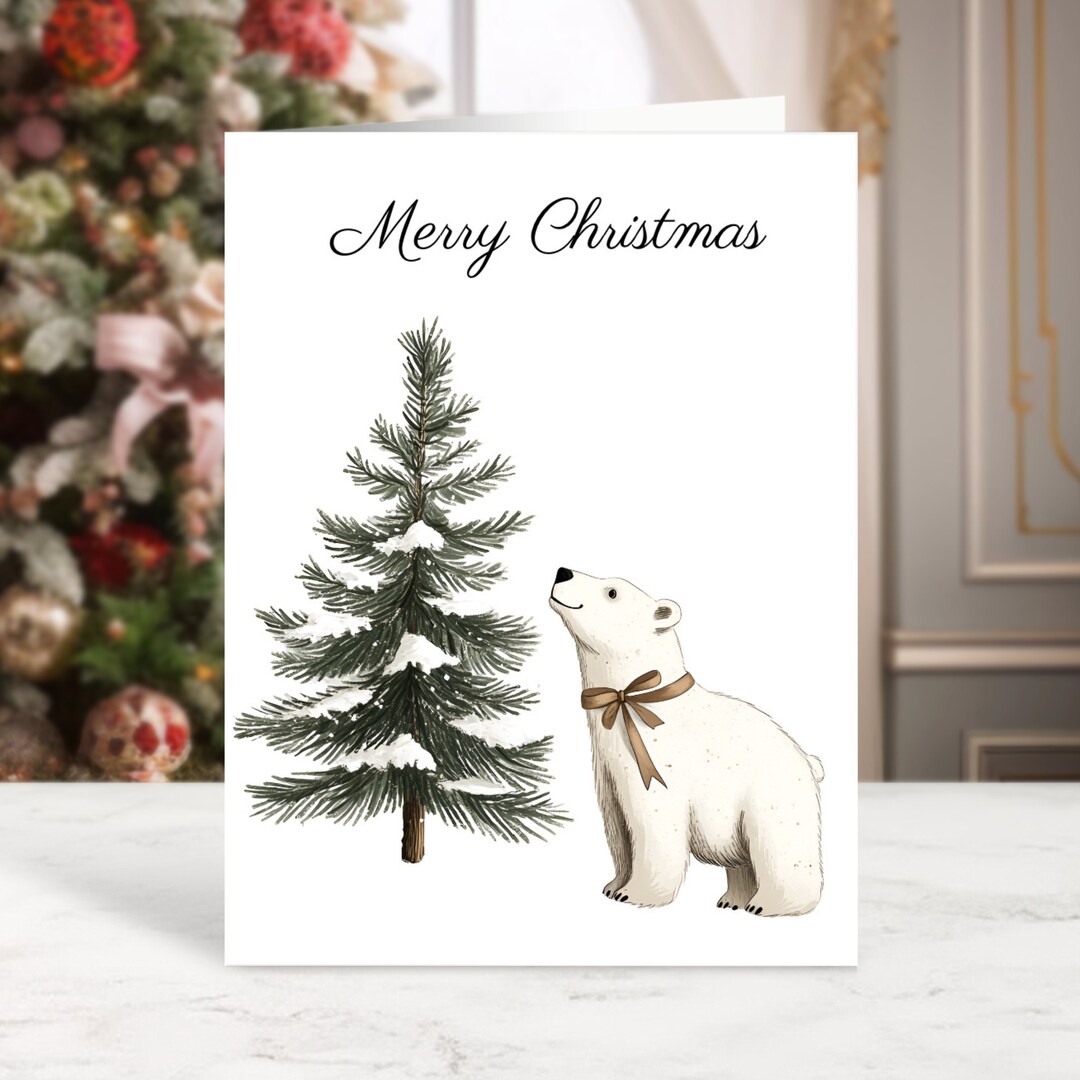 Polar Bear Christmas Tree Cards 10 Pack, Merry Christmas Card Set, Cute ...