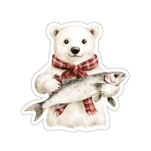 Polar Bear Sticker, Fish Lover Gift, Cute Animal Sticker, Winter Holiday Decor, Watercolor Art, Laptop Sticker, Scrapbook Sticker