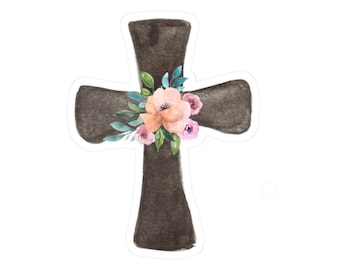 Sticker croix florale, Sticker chrétien en vinyle, Sticker religieux pour ordinateur portable, Sticker croix imperméable, Sticker imperméable floral mignon