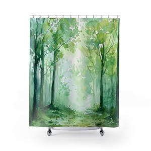 Watercolor Forest Shower Curtains, Green Landscape Art, Nature Inspired Bathroom Decor, Serene Bathroom, Botanical Shower Curtains