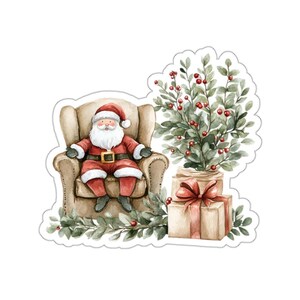 Sticker père Noël confortable, cadeau de Noël, art aquarelle du père Noël, autocollant des fêtes, décoration hivernale, cadeau pour elle, sticker festif, cadeau pour les amoureux du père Noël