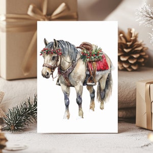 Cartão de felicitações de cavalo de Natal, pacote com 10 cartões de Natal em aquarela ecológicos, cartões postais de Natal, presente de arte impressa de animal de Natal fofo