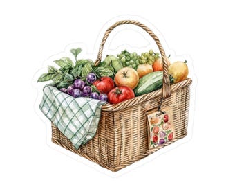 Adesivo per cesto del mercato degli agricoltori, illustrazione ad acquerello, prodotti freschi dell'orto, frutta e verdura, decalcomania in vinile ecologica