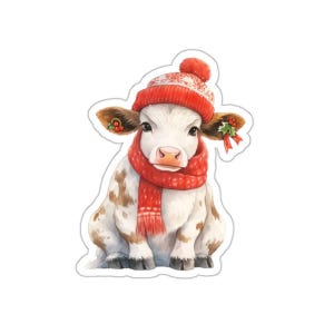 Sticker vache Noël, Sticker animal mignon, Sticker hiver, cadeau de vacances pour les amoureux des vaches, Stickers aquarelle, Sticker festif, Stickers ordinateur portable