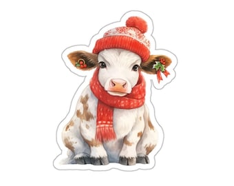 Adesivo mucca natalizio, adesivo animale carino, adesivo invernale, regalo di festa per gli amanti delle mucche, adesivi acquerello, decalcomania festiva, adesivi per laptop