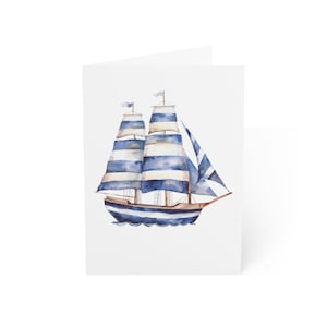 Lot de 10 cartes de voeux bleu marin bateau, lot de 10 ou une carte pliée avec enveloppe, ensemble cadeau de papeterie aquarelle marine bateau carte postale
