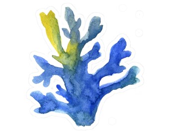 Sticker aquarel koraal, sticker blauw koraal, cadeau oceaanliefhebber, stickers zeeleven, tropische stickers