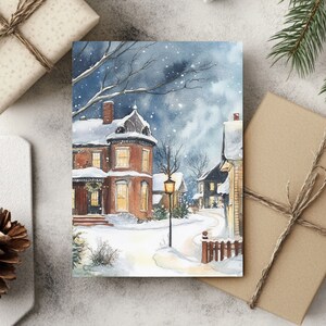 Cartes de voeux de scène de maison de Noël vintage, cartes postales d'hiver aquarelles, impression recto, cartes de vœux soirée enneigée, lot de 10