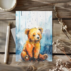 Lot de 10 cartes de voeux aquarelles ours mignon sous la pluie, lot de 10, cartes postales bleu mélancolique jour de pluie, dos blanc, 3 tailles, enveloppes incluses
