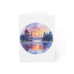 Tarjetas de felicitación Sunset Lake, paquete de 10 o una tarjeta plegada con sobre, interior en blanco, set de regalo de papelería con postales de acuarela