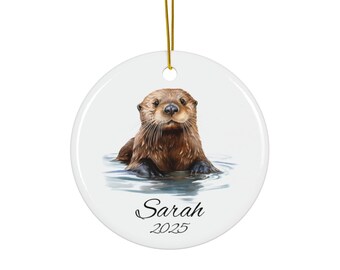 Niedliche Seeotter Keramik Weihnachtsverzierung, personalisierte Weihnachtsdekoration, individuelles Geschenk für Tierliebhaber, Aquarell Kunst