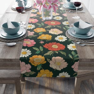Floral Table Runner, Peony and Daisy Print, Elegant Dining Decor, Gift for Family, Dark Green Table Runner, Cottagecore Table Decor
