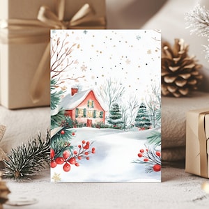 Pacote com 10 cartões festivos de Natal, linda cena de inverno em aquarela, cartões de felicitações de Natal, conjunto de 10 com envelopes, ecológico