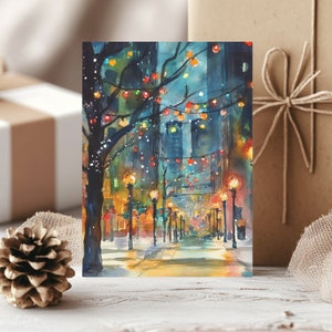 Bellissimi biglietti di auguri natalizi acquerellati, set di 10 biglietti di auguri ecologici per le feste con buste, perfetti per gli auguri di Natale, Night Street
