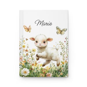 Carnet cartonné personnalisé agneau printanier, carnet personnalisé aquarelle avec bordures, carnet d'écriture haut de gamme, joli cadeau de papeterie