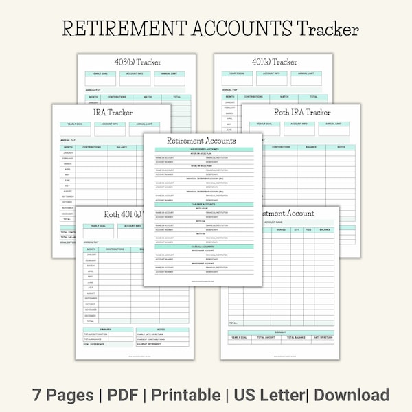 Retirement Accounts, 401(k) Tracker, IRA Tracker, Roth IRA Tracker, Investment Tracker, Retirement Plan, Digital Retirement Tracker, Savings