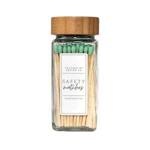 Cute Small Safety Match Jar Holder | Glass Bottle Jar with Sage 3” Long Matchsticks | Approx 40 Matches in Cloche with Striker