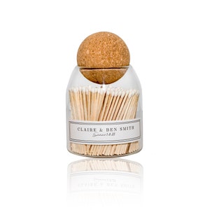 Personalized - Customized Matches in Glass Jar | Match Holder w Striker, Approx 135 Wood Long Matches with Striker in Glass Bottle