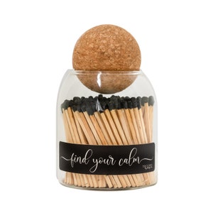 Find Your Calm | Fancy Matches in Glass Cloche | Match Striker, Match Holder, Approx 135 Wood Long Matches with Striker, Match Bottle