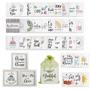 May include: A collection of 20 printable wall art designs featuring various quotes and illustrations. The designs include quotes like "Home Sweet Home", "We Love Our Adventure", "You + Me = Love", "Grateful", "Spring is Here", "Hello Fall", and "Coffee Bar". The illustrations include a house, a car, a heart, a coffee cup, a rainbow, a pumpkin, and a sun.