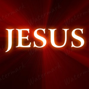 May include: The word "JESUS" in white lettering against a red background with a radial gradient effect.
