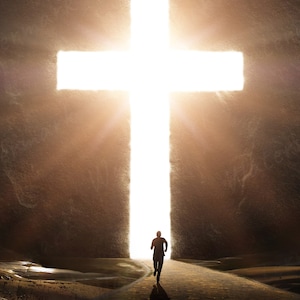 May include: A person runs towards a bright, white cross-shaped opening in a dark, rocky cave. The cross is a symbol of hope and faith.