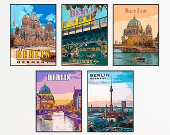 Set of 5 Prints, Berlin Vintage Travel Poster Gallery, Printable Germany Retro Travel Gift, Colorful Print, Wall Art Decor, Digital Download