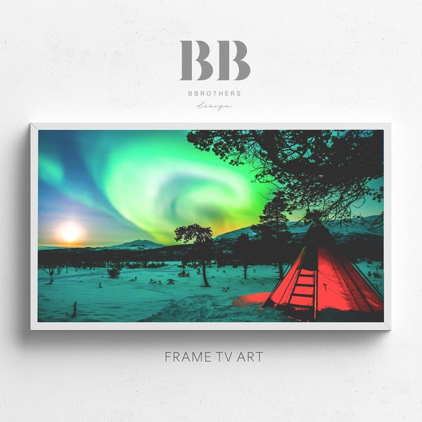 Arte dell'aurora boreale, stampa della tenda da campeggio, poster dell'aurora boreale, arredamento orizzontale della natura montana, cornice per smart TV Samsung con paesaggio del cielo