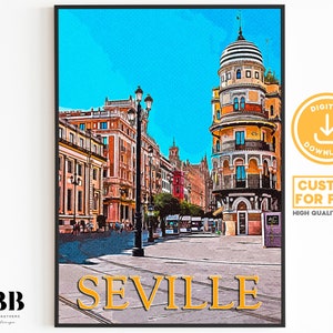 Printable Vintage Travel Poster, Seville Travel Print, Spain Travel Gift, Lopez-Brea Retro Poster, Europe Print, Wall Art, Digital Download