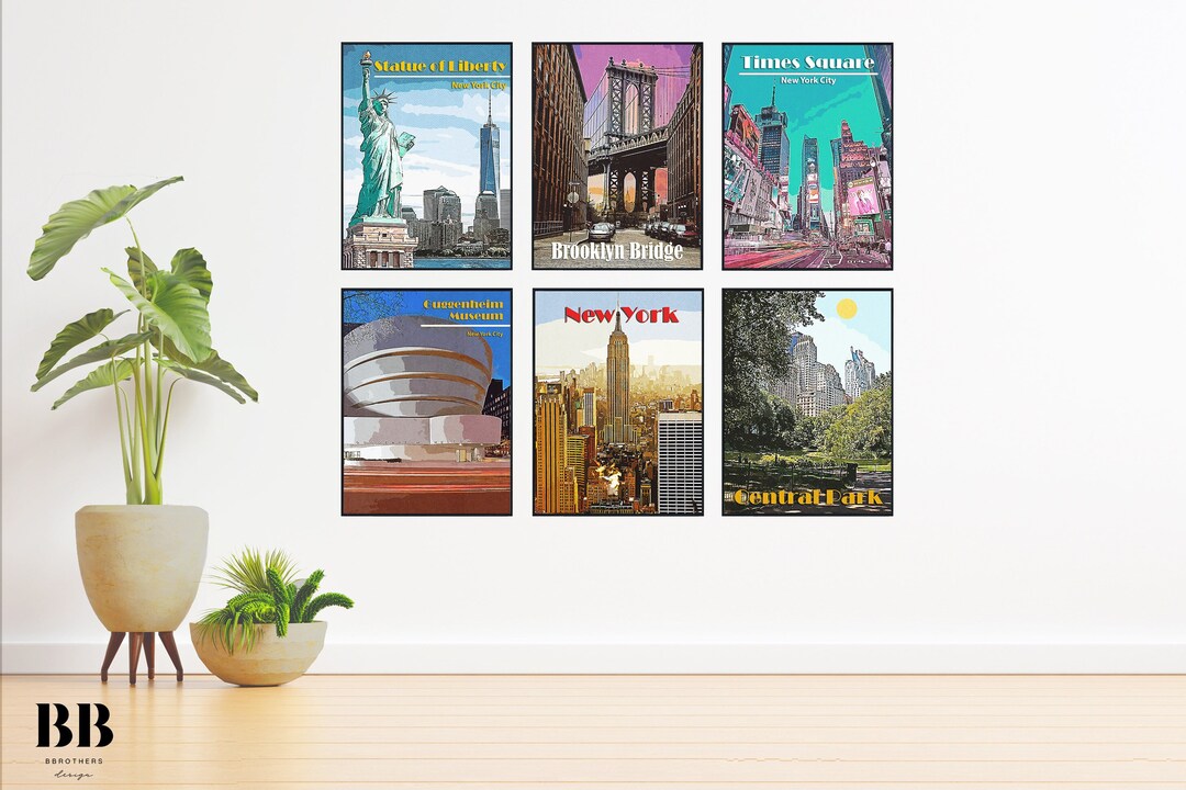 Set of 6 Prints, New York Skyline Vintage Travel Poster Wall Art