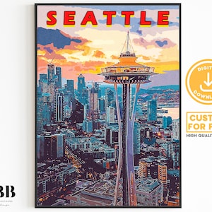 Seattle Skyline Printable Poster, Space Needle, Washington Retro Poster, Vintage Travel Poster, USA Travel Gift, Sunset Wall Art, Download